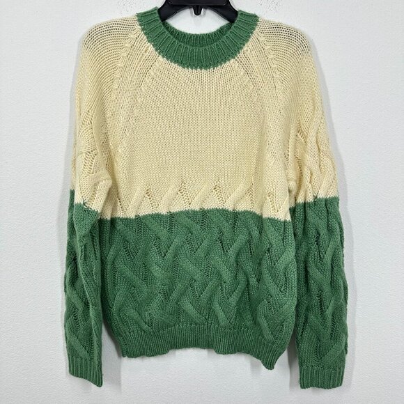 BLANK NYC Women's Size Medium Cream Green Colorblock Cable Knit Sweater NWOT - Picture 1 of 8